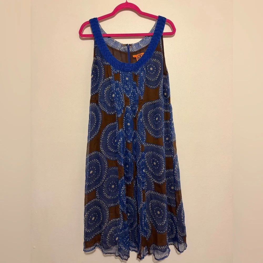 Tory Burch Silk Blue Brown Florisa Sleeveless Dress Geometric Circle Print Sz 12